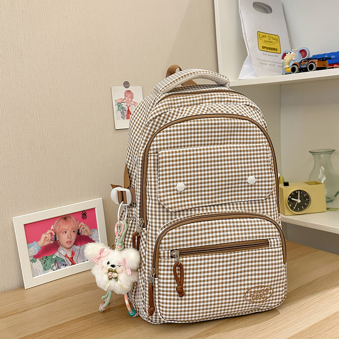 Gingham Print Mehrfach-Taschen Rucksack Karnz
