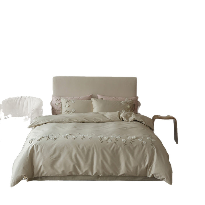 Luxuriöses besticktes Bettwäsche-Set aus Baumwollsatin mit Kissenbändern