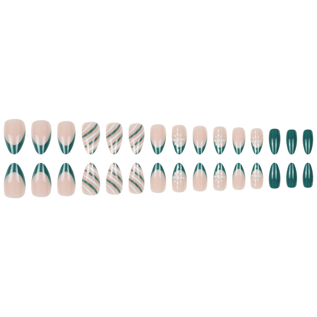 Premium Stiletto Press-On Nagelkunst Set mit Schneeflocken- und Streifendesign Karnz