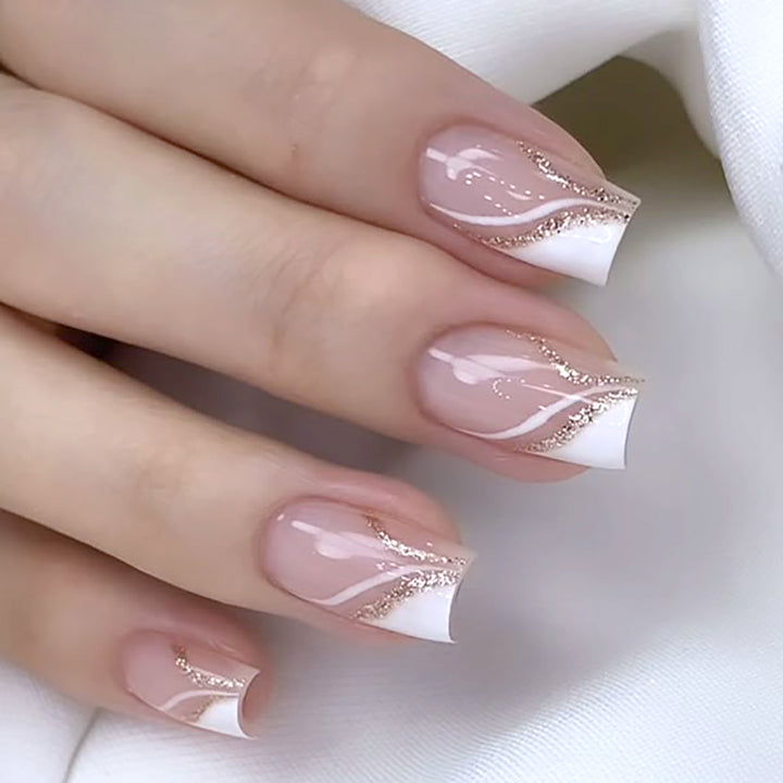 Elegante französische Spitzen-Press-On-Nägel mit Glitzer-Akzenten Karnz
