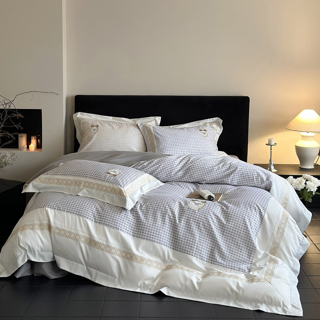 Luxus Baumwollsatin Bettbezug und Kissenbezug Set mit gesticktem Jacquardrand