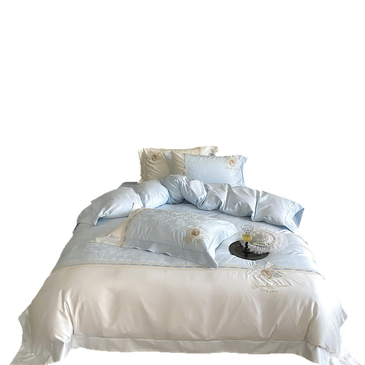 Luxuriöses Satin-Bettwäsche-Set mit feiner Stickerei und Kissenbezügen