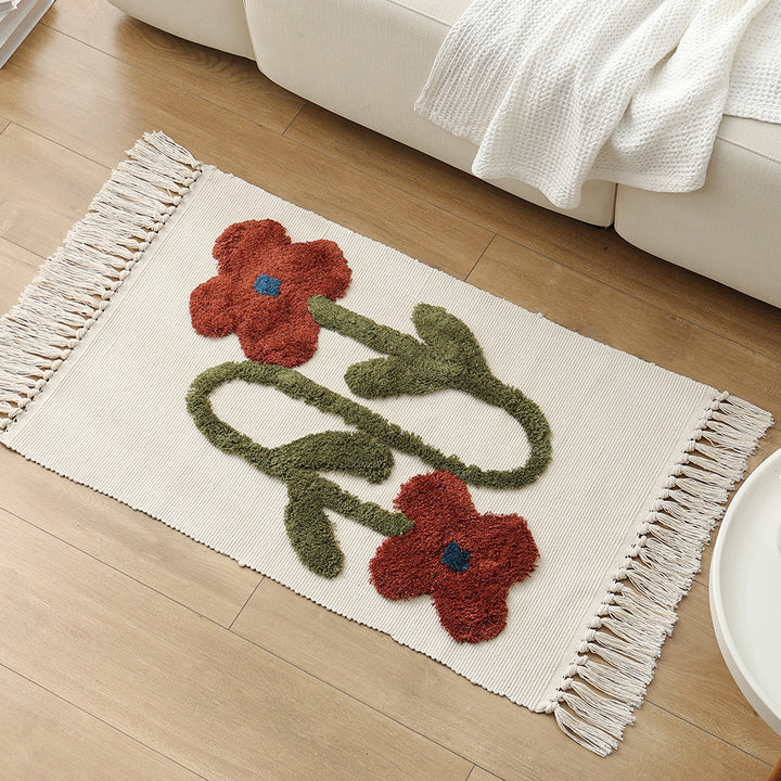 Handgewebter Baumwoll-Badmattenteppich mit Tufting-Blumenapplikation und Quasten Karnz