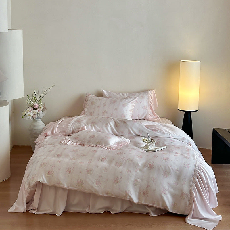 Seidenfarbene florale Mikrofaser Rüschende Bettwäsche Set mit Bettrock-Stil Saum