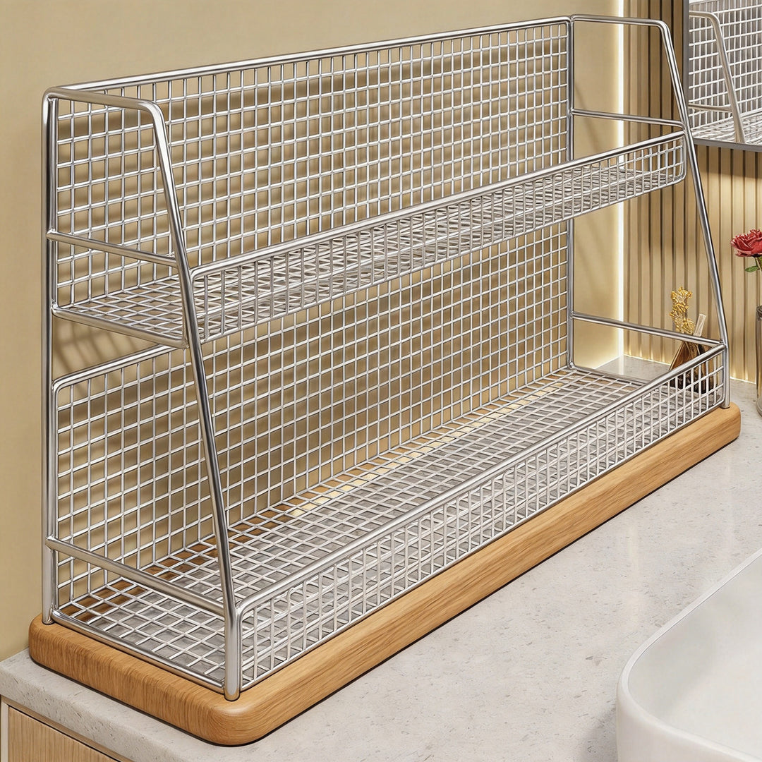 Winkelständer mit drei Drahtkörben und Gitterrückwand für geneigte Desktop-Mesh-Gepäckablage und -Thekenorganizer