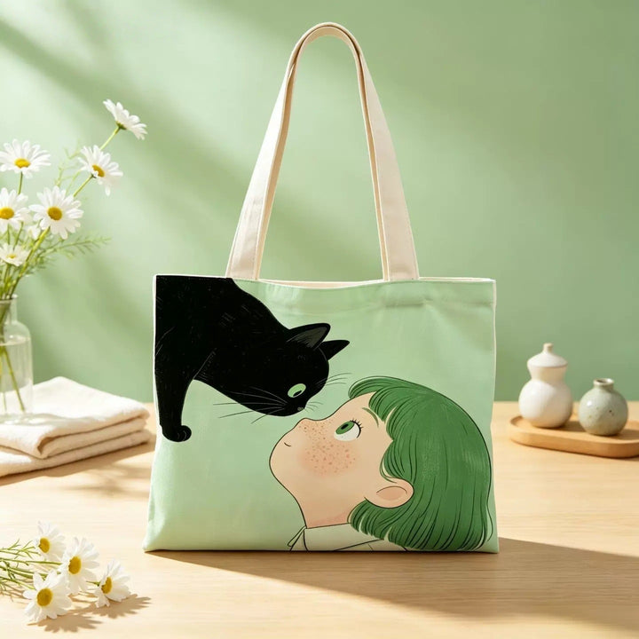 Illustrierte Katze und Junge Canvas Tragetasche