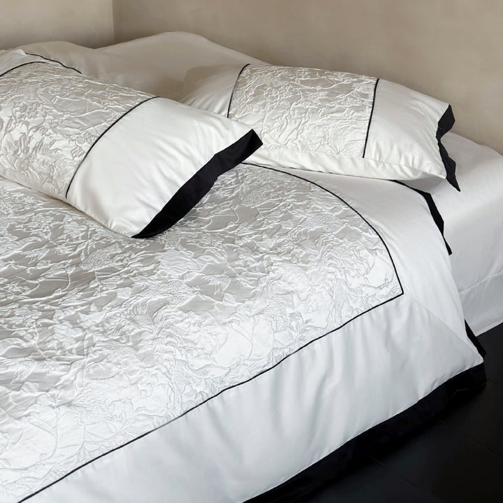 Cotton Sateen Textured-Panel Duvet Cover Set with Piped Border & Accent Cushion