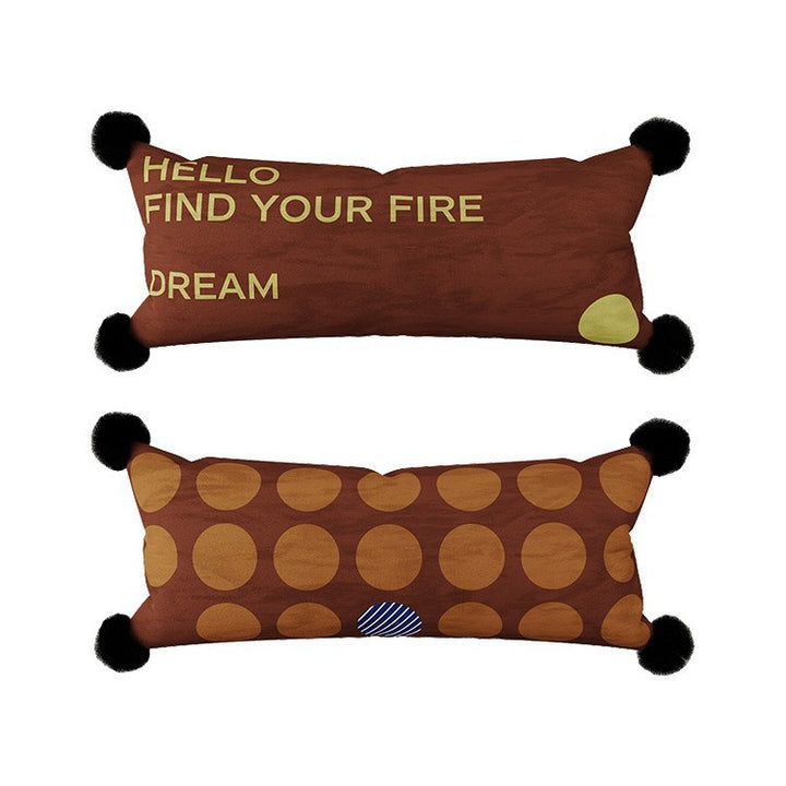Decorative Long Lumbar Velvet Pillow with Checkerboard Jacquard, Pom-Pom Corners and Patchwork Accents