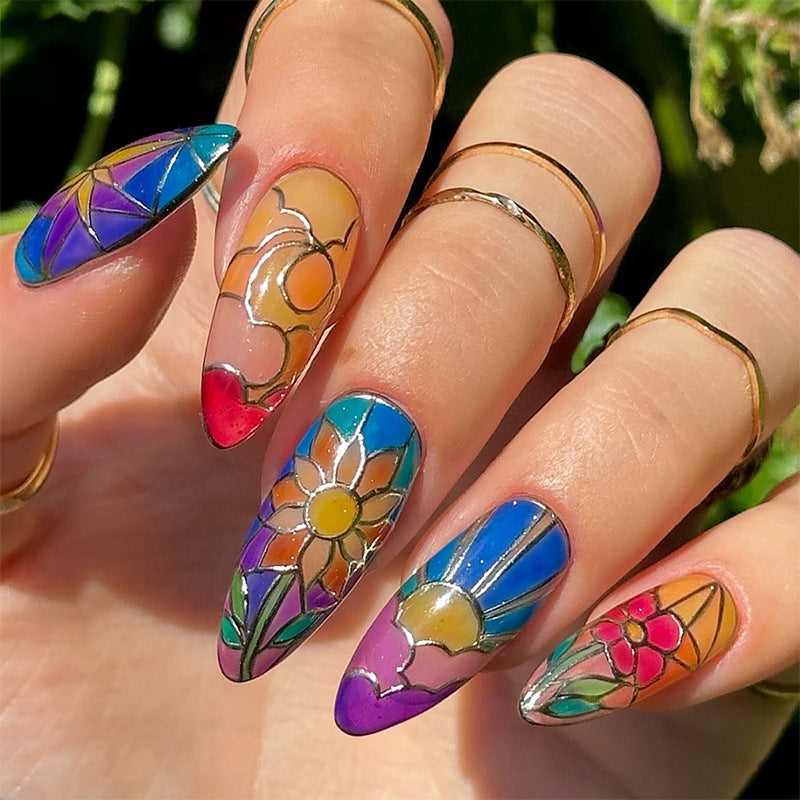 Künstlerisches Press-On-Nagelset mit floralen und geometrischen Mustern Karnz