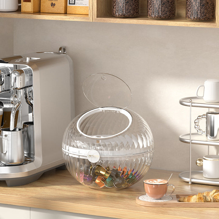 Kugelförmiger Kaffeekapselspender aus klarem Acryl mit Klappdeckel
