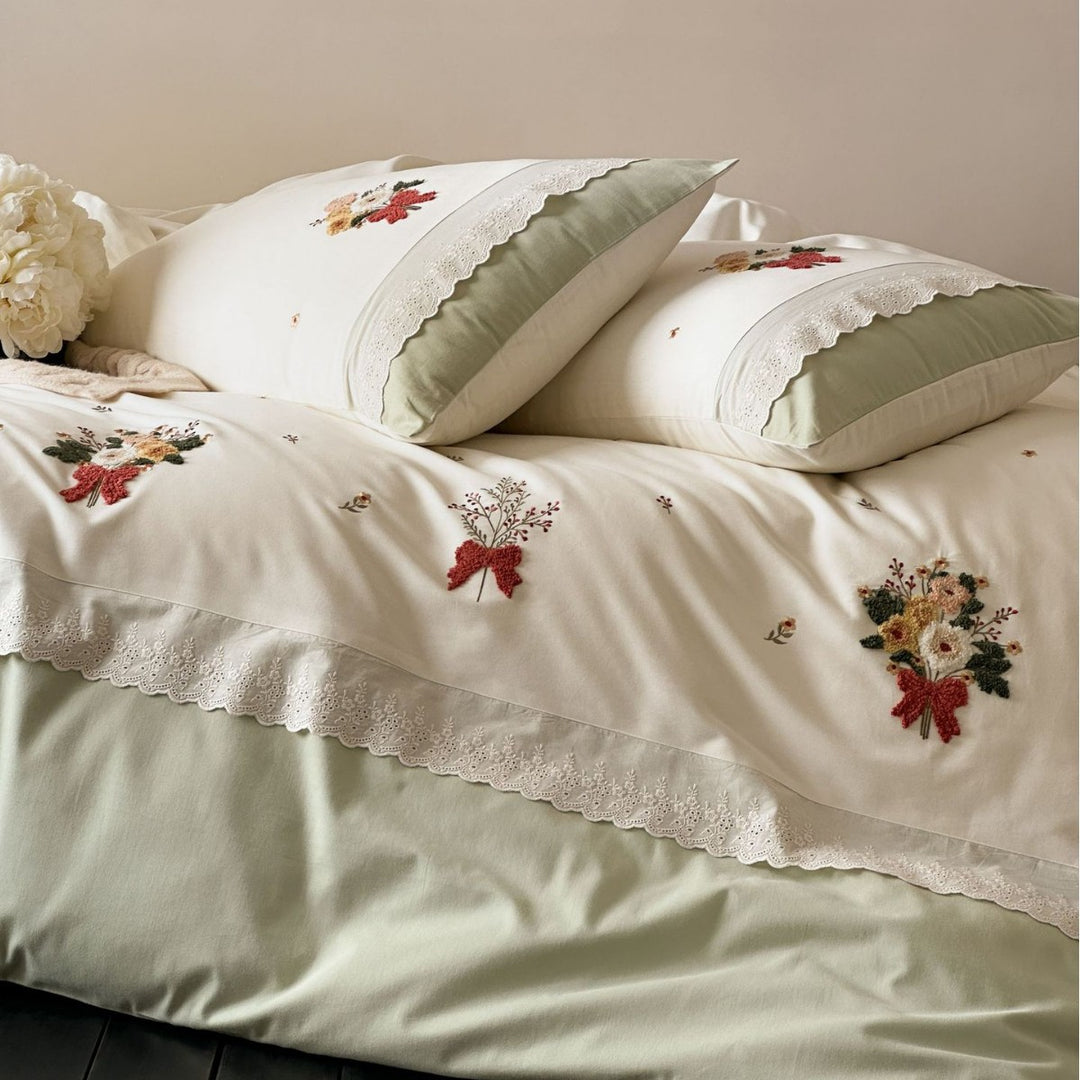 Bestickte Blumen Spitze Baumwolle Bettbezug Set