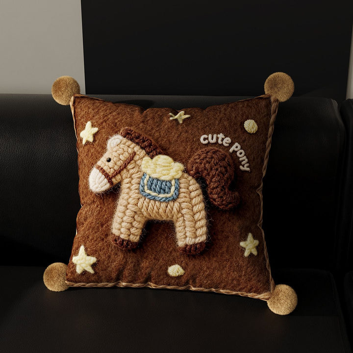 Embroidered Pony Pom-Pom Accent Throw Pillow Cover with Plush Appliqué