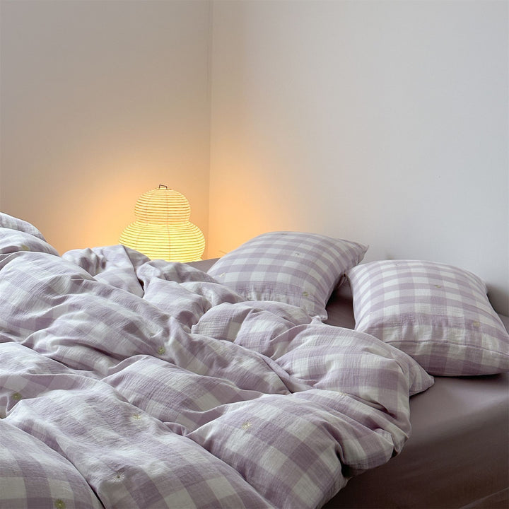 Bettbezug-Set aus leichter Baumwoll-Musselin mit kariertem Struktur- und Zierstickdesign