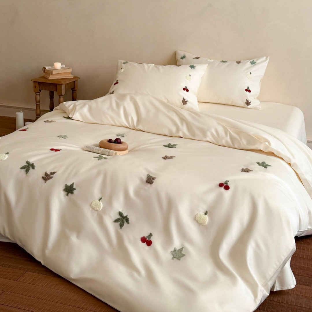 Bestickte botanische & Obst Baumwoll-Bettbezug-Sets mit verstreuten Applikationsmotiven