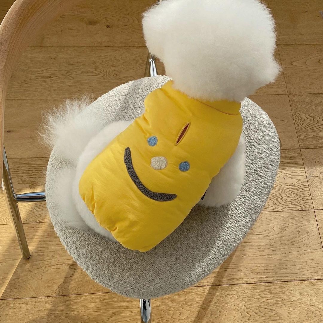 Gepolsterte Puffer-Hundeweste mit besticktem Smiley-Gesicht und Rücken-Harness-Slot