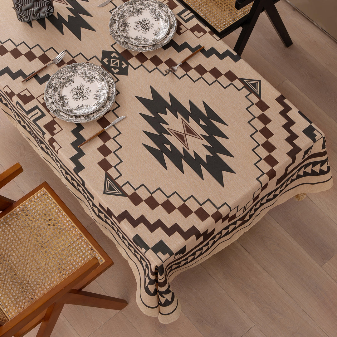 Rechteckige Tischdecke aus Leinenoptik mit Pompon-Quasten Karnz