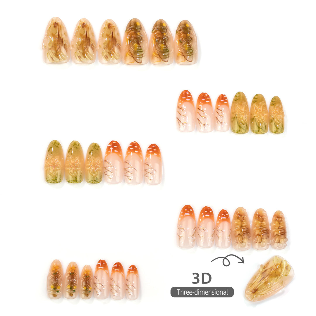 Künstlerisches Press-On-Nail-Set mit floralem und metallischem Design