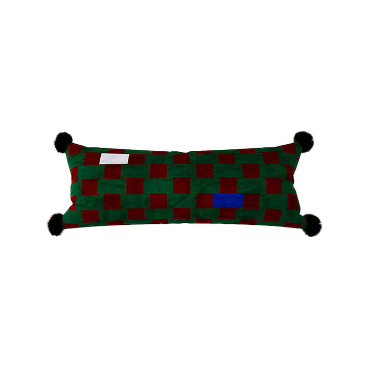Decorative Long Lumbar Velvet Pillow with Checkerboard Jacquard, Pom-Pom Corners and Patchwork Accents