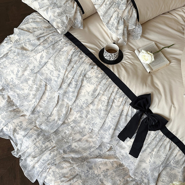 Romantisches Rüschendes Toile Baumwoll Bettbezug Set mit Dekorativer Samt Schleife & Rüschen Bettrock