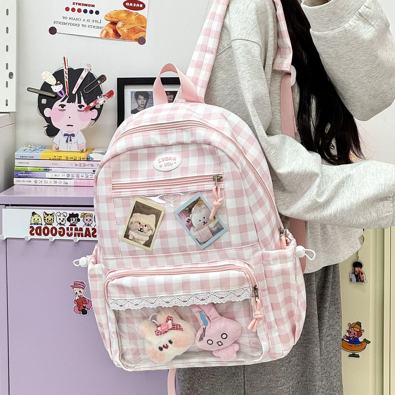 Transparente Fronttaschen Karomuster Rucksack Karnz