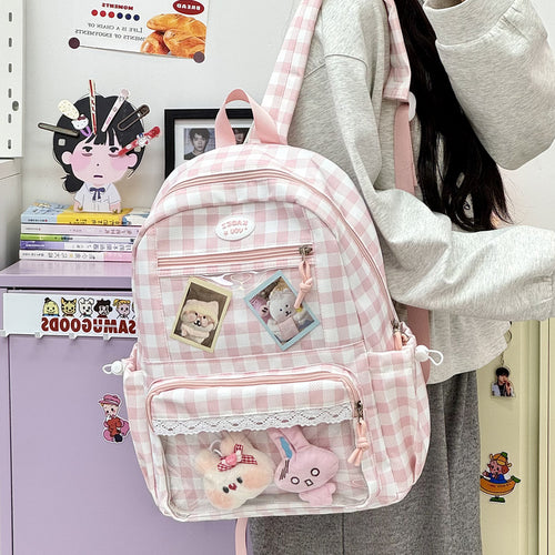 Transparente Fronttaschen Karomuster Rucksack Karnz