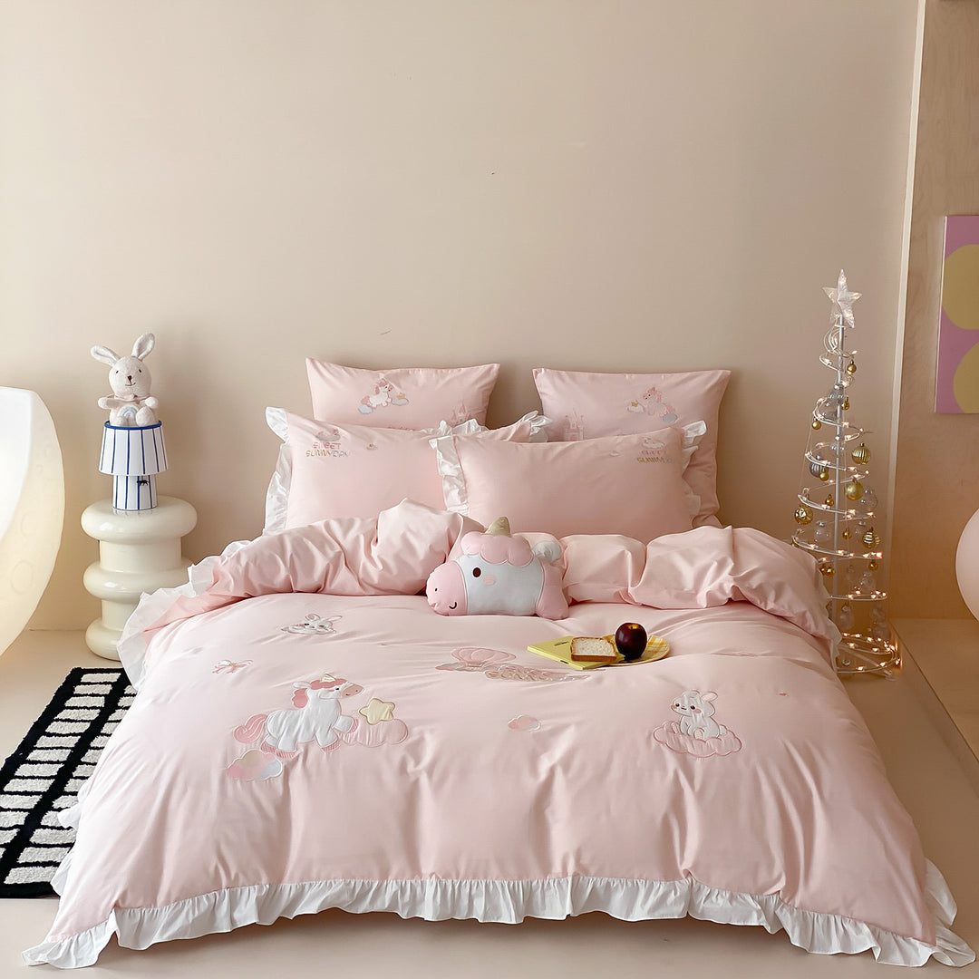 Embroidered Cotton-Sateen Ruffled Duvet Cover Set with Tailored Bedskirt & Decorative Pillow Shams