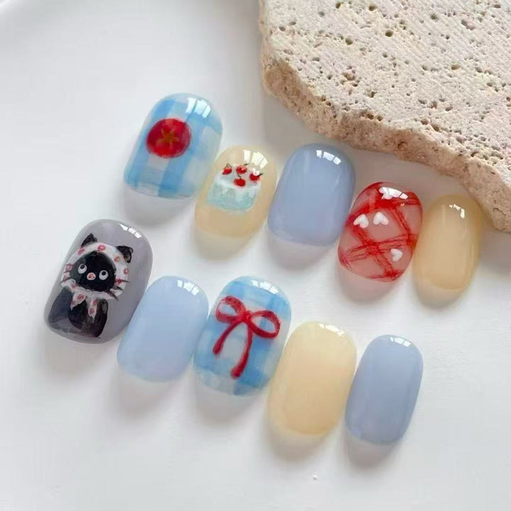 Künstlerisches katzenmotiviertes Press-On-Nagelkunstset Karnz