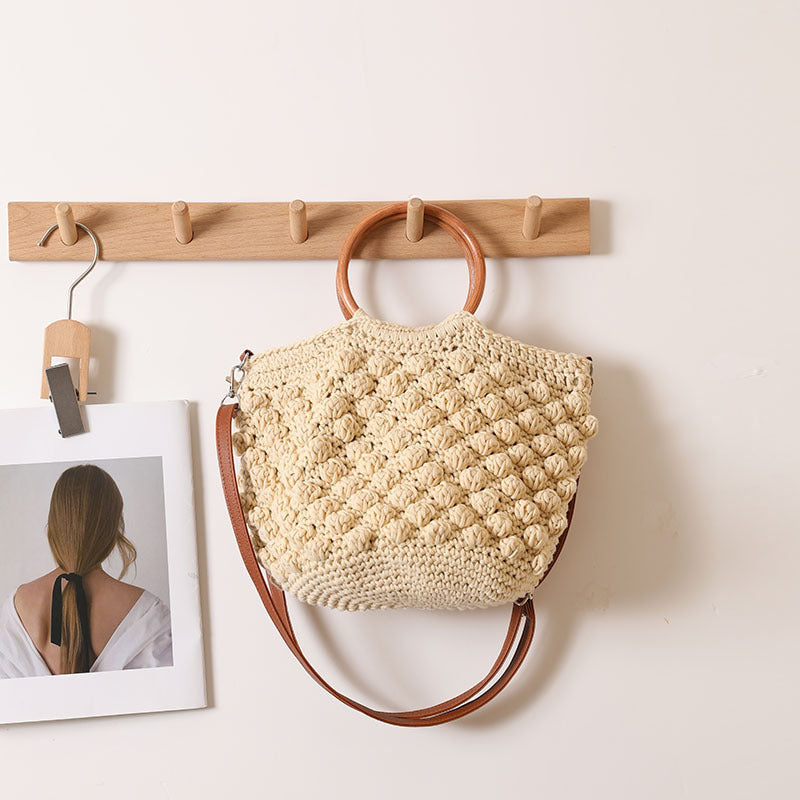 Damen Handtasche aus hochwertigem Makramee mit Holzgriff Karnz