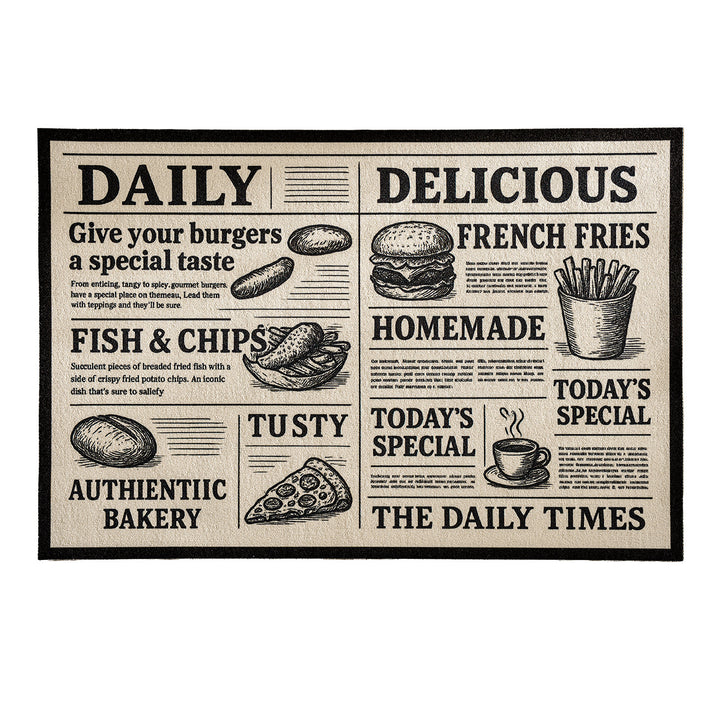 Küchenläufer Teppich im Retro Food-Zeitungsdruck