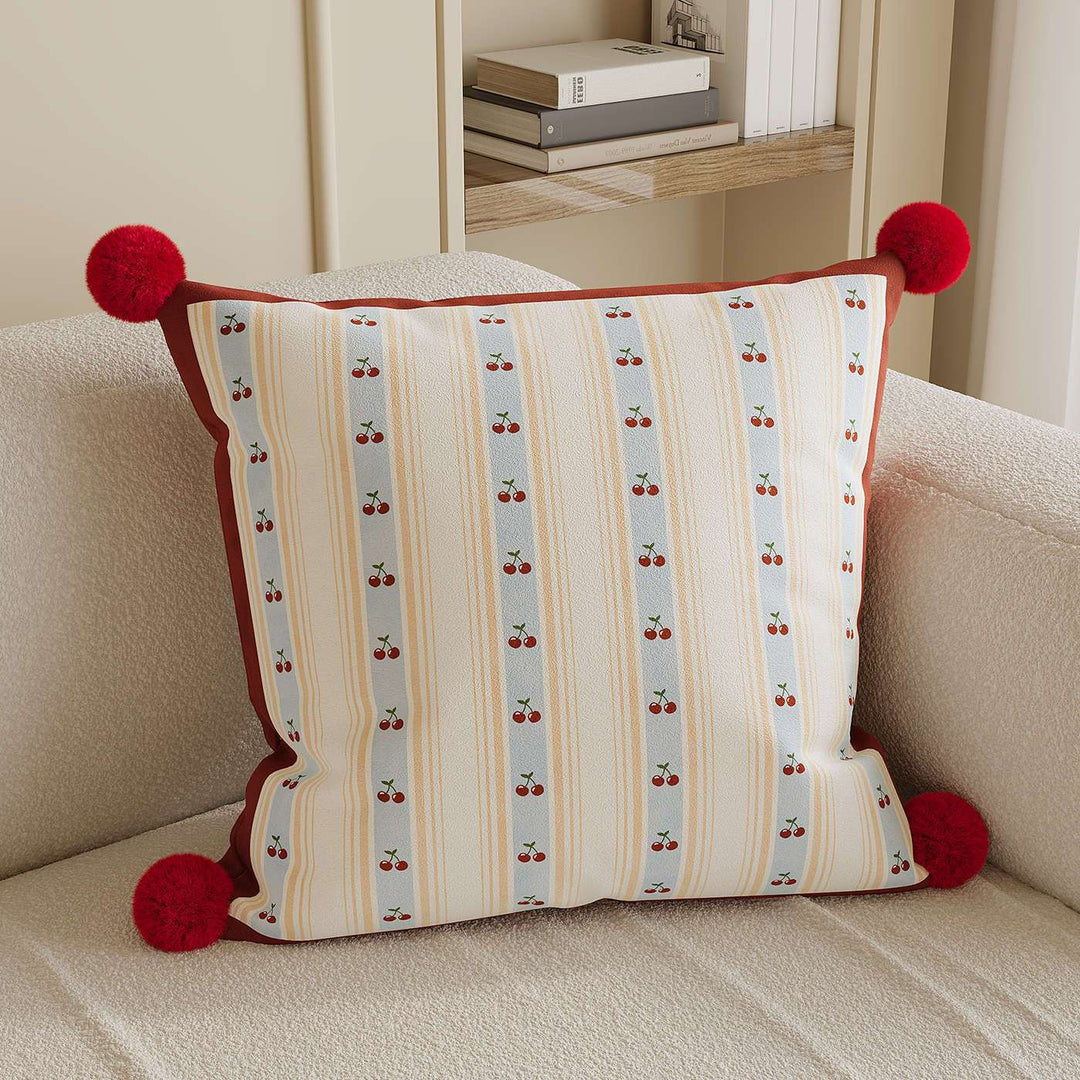 Decorative Throw Pillow with Pom-Pom Corners and Heart Stripe Print