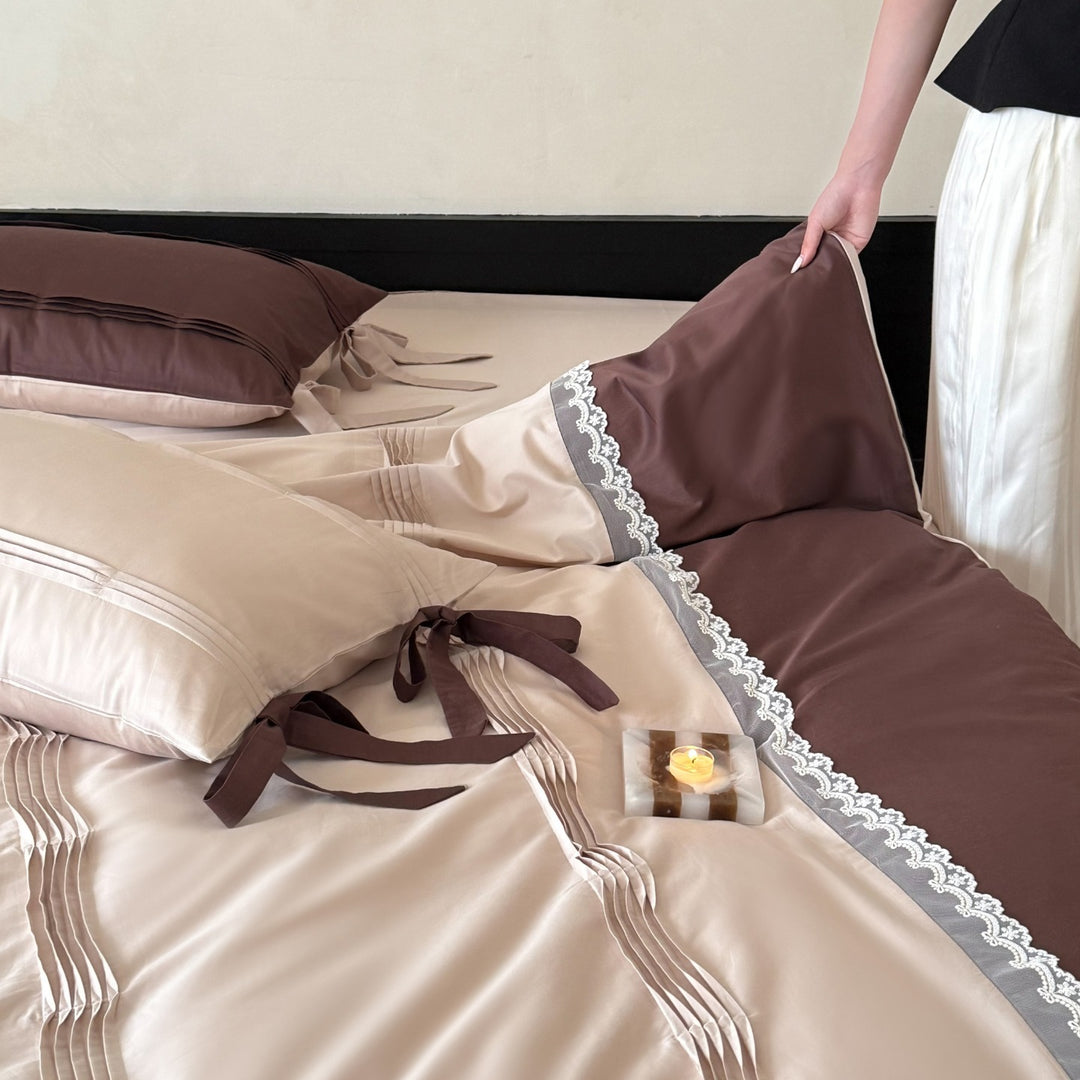 Umkehrbare Bettwäsche Set mit Spitzenbesatz und Schleife