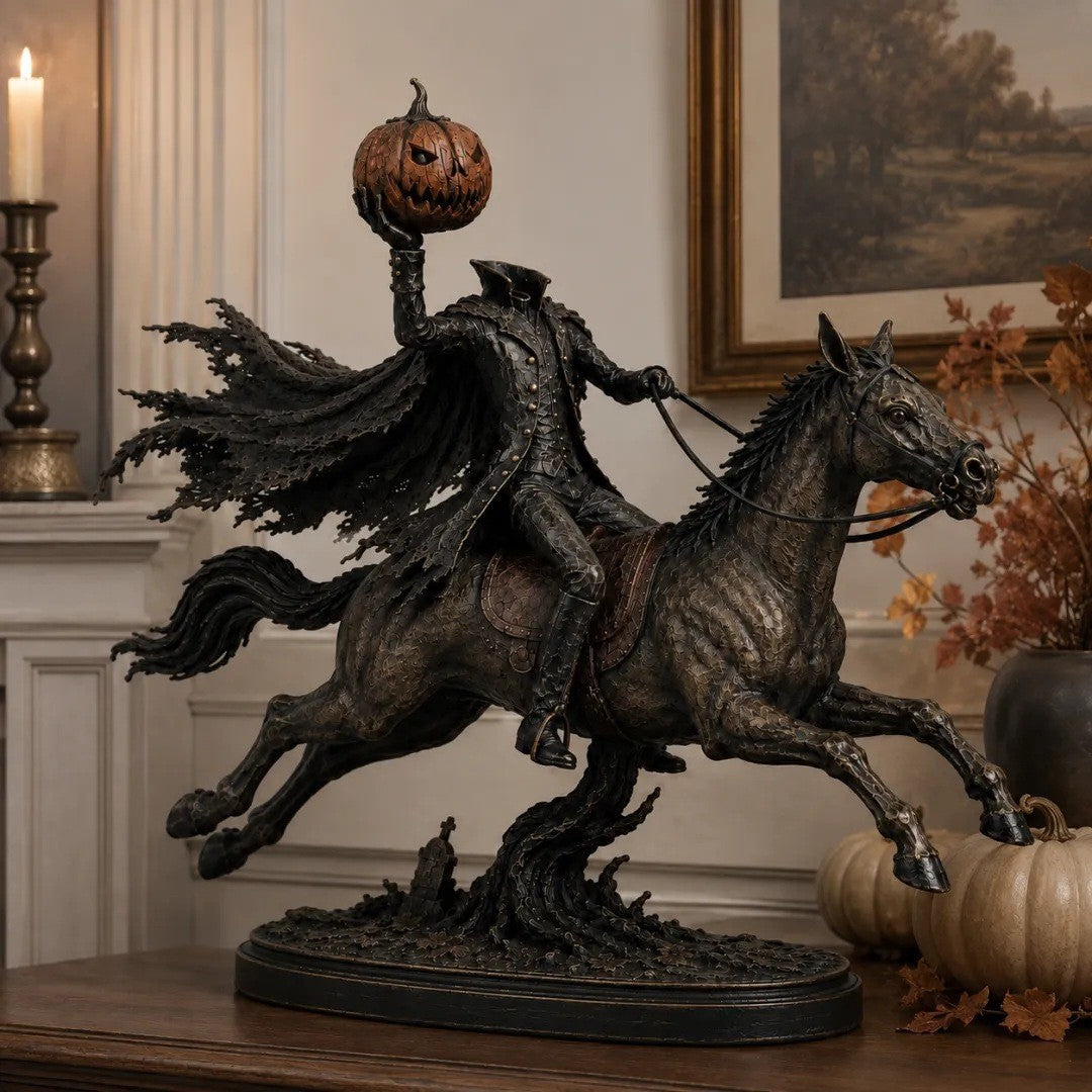 Dekorative Halloweenfigur auf Pferd mit Kürbis Karnz
