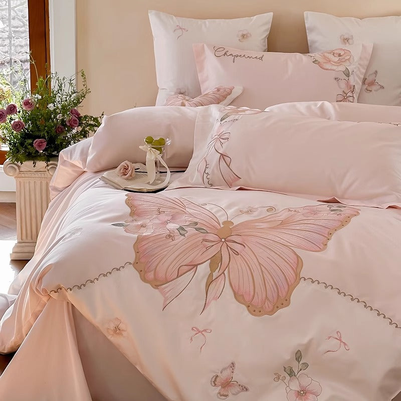 Bestickte Seidengriffige Schmetterlingsblüten Bettbezug Set