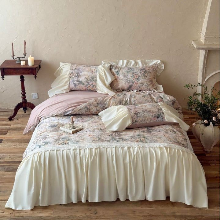 Vintage Floral Ruffled Bettbezug Ensemble mit gerafftem Bettrock