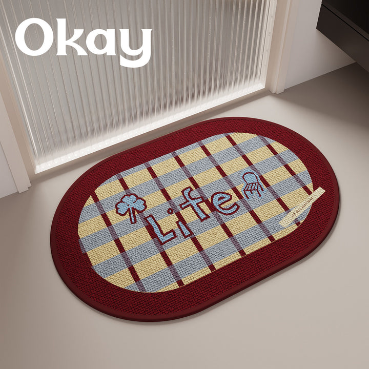 Decorative Oval Checkered Entrance Mat with Embroidered 'Life' Script and Non-Slip Backing