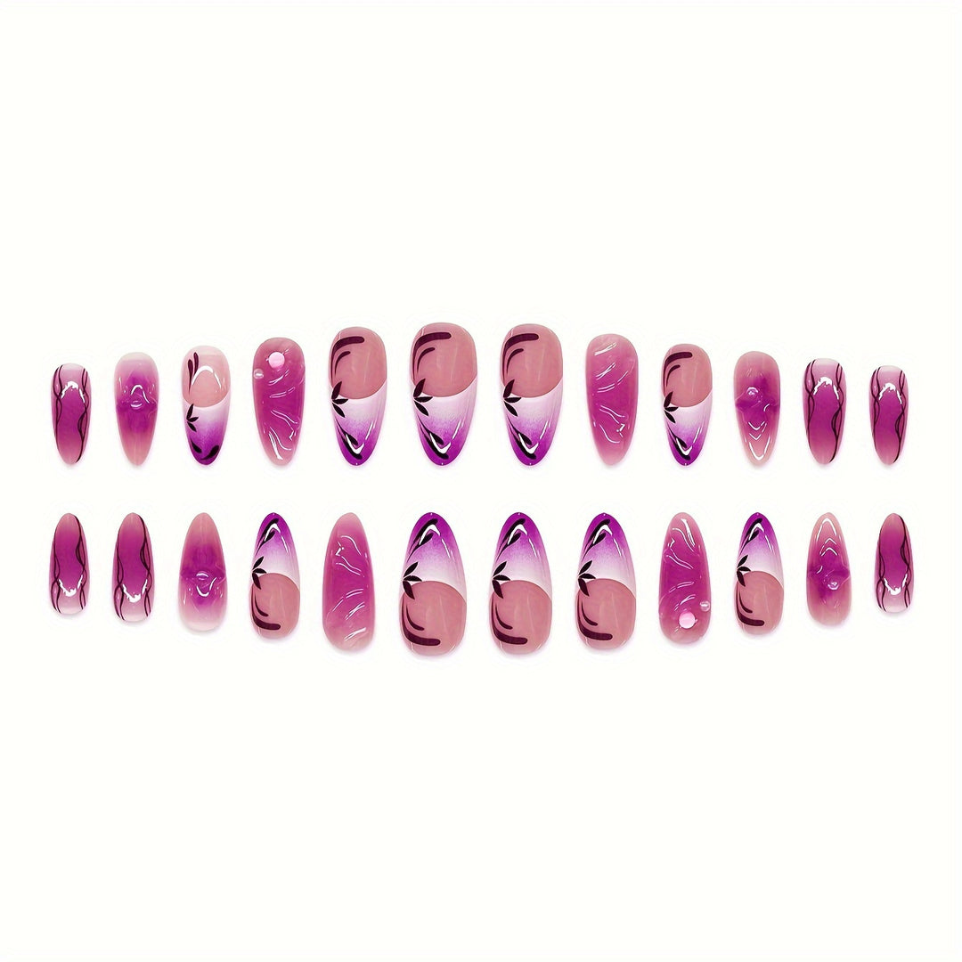Künstlerische Stiletto Press-On Nagelverlängerungen mit floralem Design Karnz