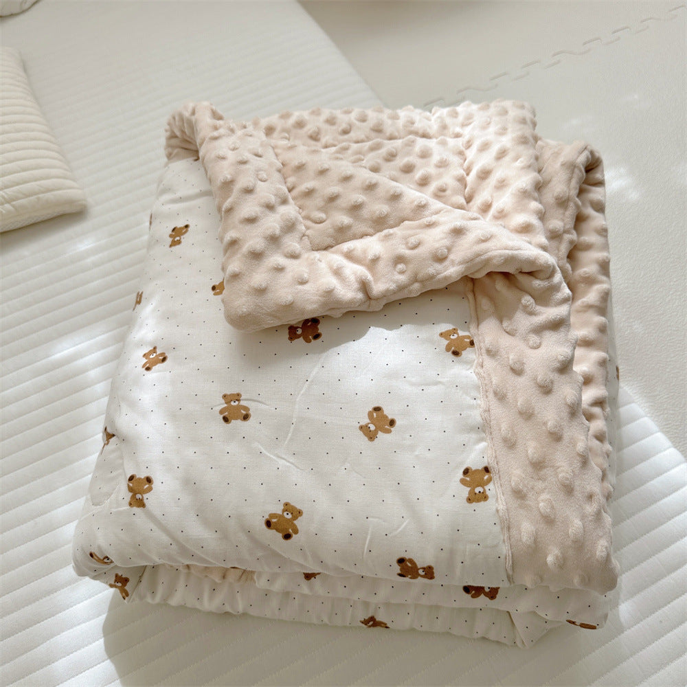Wendbare Minky Dot Babydecke mit Baumwoll-Teddy-Druck und gestepptem Futter