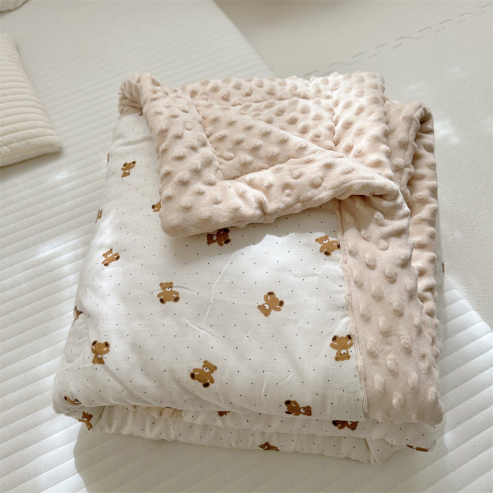 Wendbare Minky Dot Babydecke mit Baumwoll-Teddy-Druck und gestepptem Futter