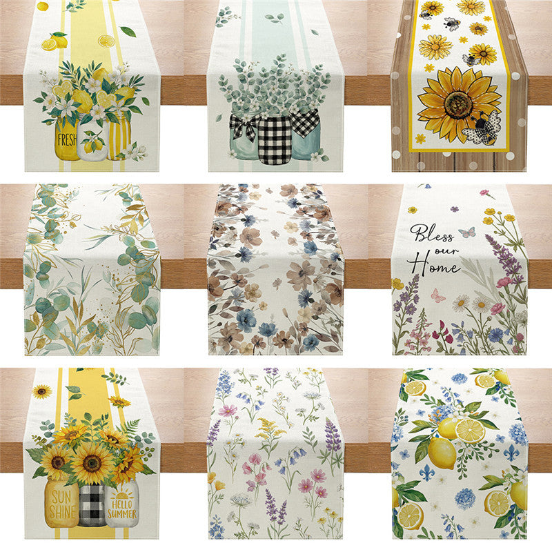 Baumwoll-Leinen Bauernhaus Tischläufer mit Sonnenblume & Bienen Aquarelldruck und gepunktetem Holzmaserung Rand