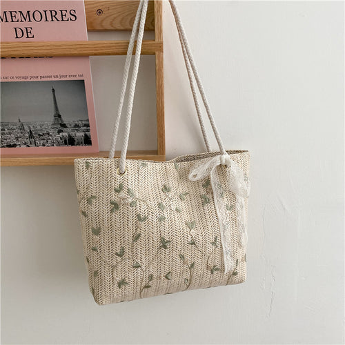 Woven Straw Strandtasche mit dekorativem Band