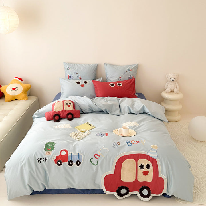 Kinder-Bettbezug-Set mit 3D-Auto-Applikation und besticktem Motiv aus weichgewebtem Baumwollsatin
