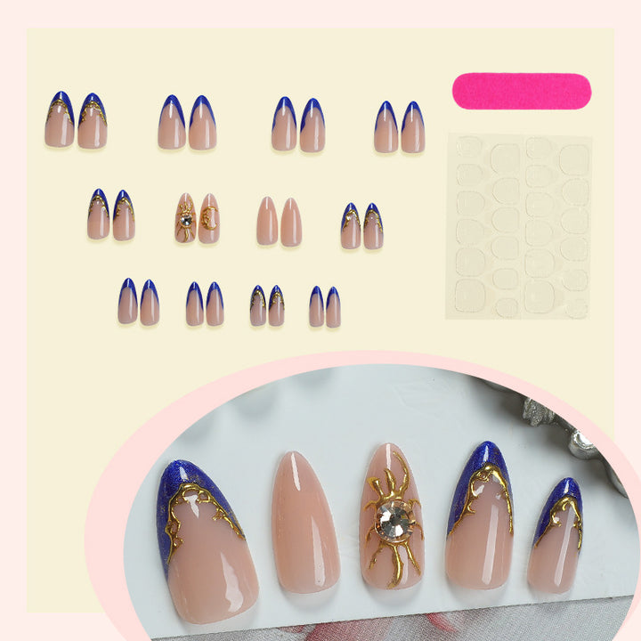 Premium Dekorativer Press-On Nagel Satz mit Gold und Blau Akzent Designs Karnz