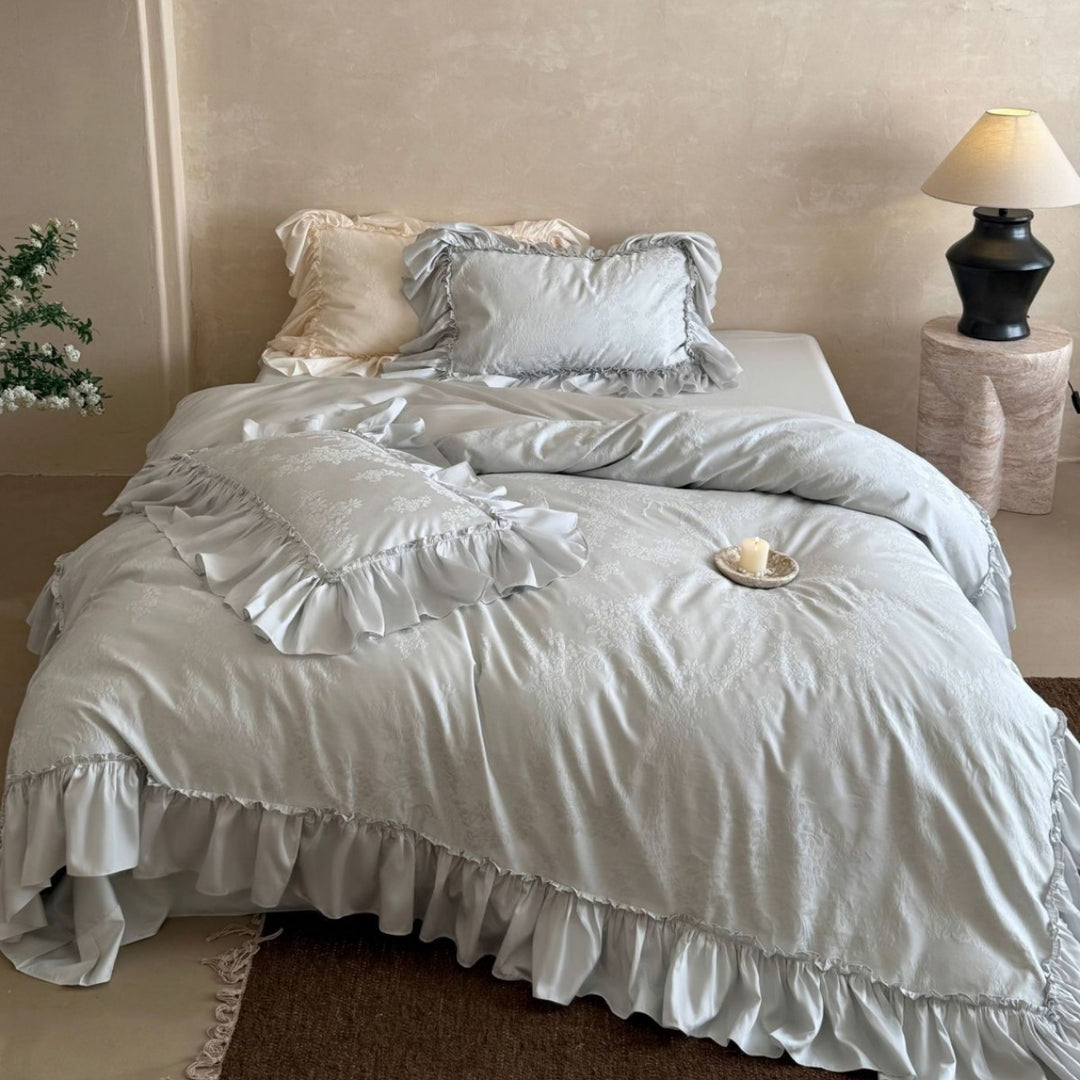 Rüsch Jacquard Blumen Bettwäsche und Kissenbezug Set