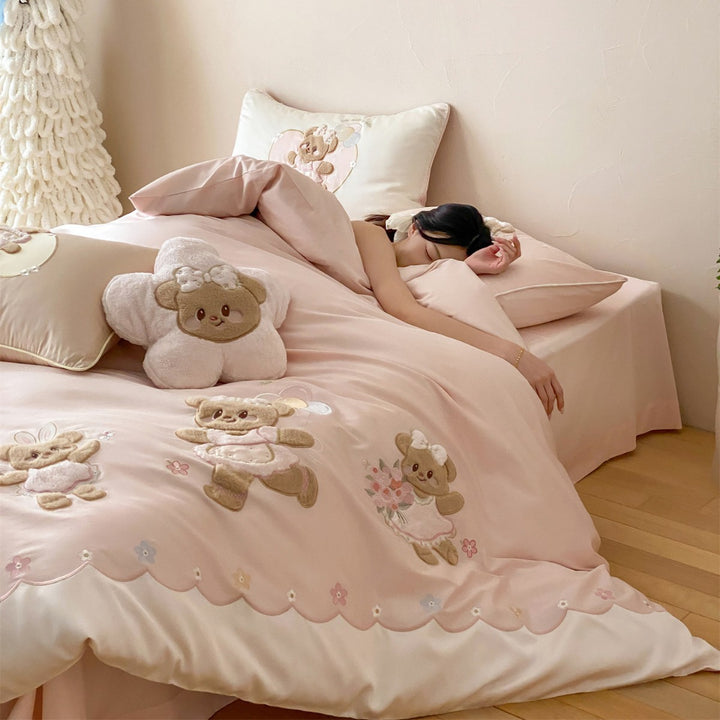 Bestickte Teddy Bear Luxus Baumwoll-Satin Jugend Bettwäsche Set