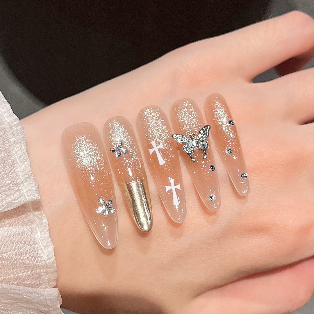 Elegante Stiletto Press-On-Nagelverlängerungen mit Edelsteinakzenten Karnz