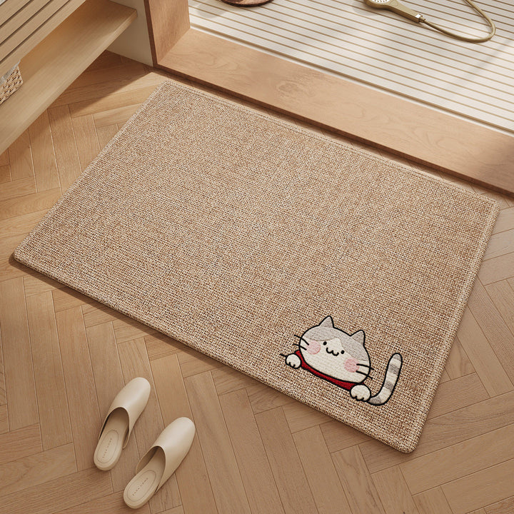 Absorbent Non-Slip Entrance Doormat with Woven Jute-Look Texture and Embroidered Peeking Cat Accent