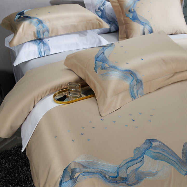 Luxus Baumwoll-Satin Bettwäsche Set mit fließendem Aquarell Wellenmuster & Oxford Kissenbezügen