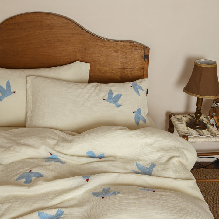 Gewaschenes Baumwoll-Musselin besticktes Vogel Bettbezug-Set