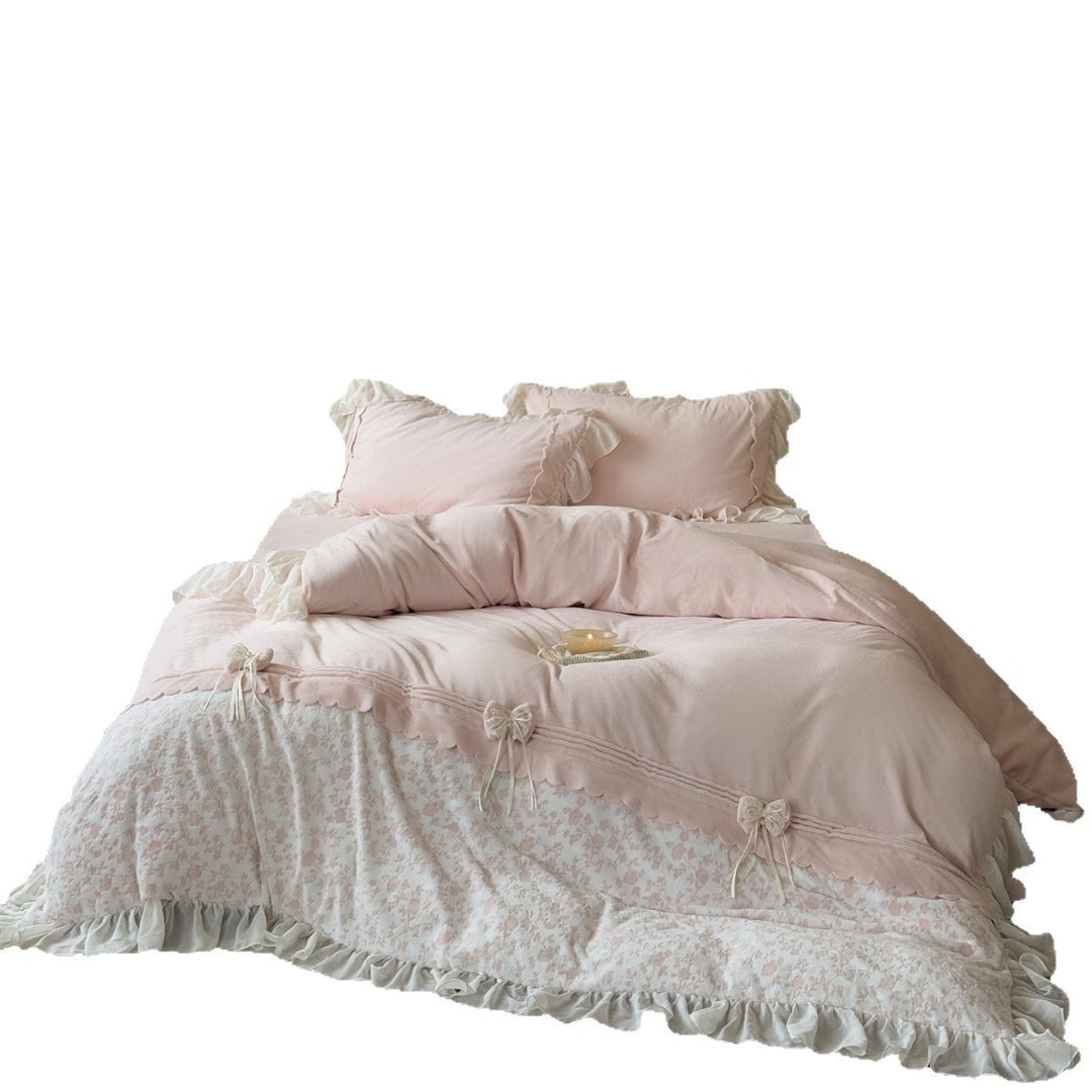 Rüschen Floral Baumwolle Bettdeckenbezug Set mit transparenter Rüschenschürze & dekorativen Schleifen