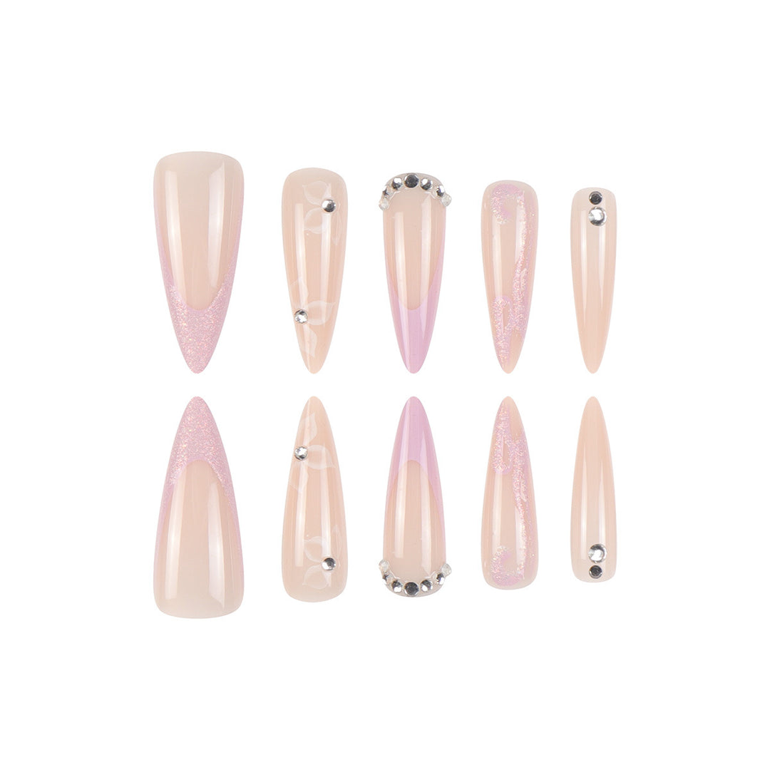 Künstlerisch floral geschmückte Stiletto Press-On Nägel Karnz